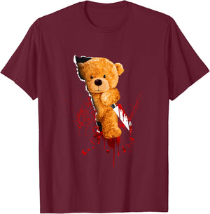 Horror Teddy Bear Cuts Through Fabric Halloween Blood Fun T-Shirt - T-Shirt | Maroon