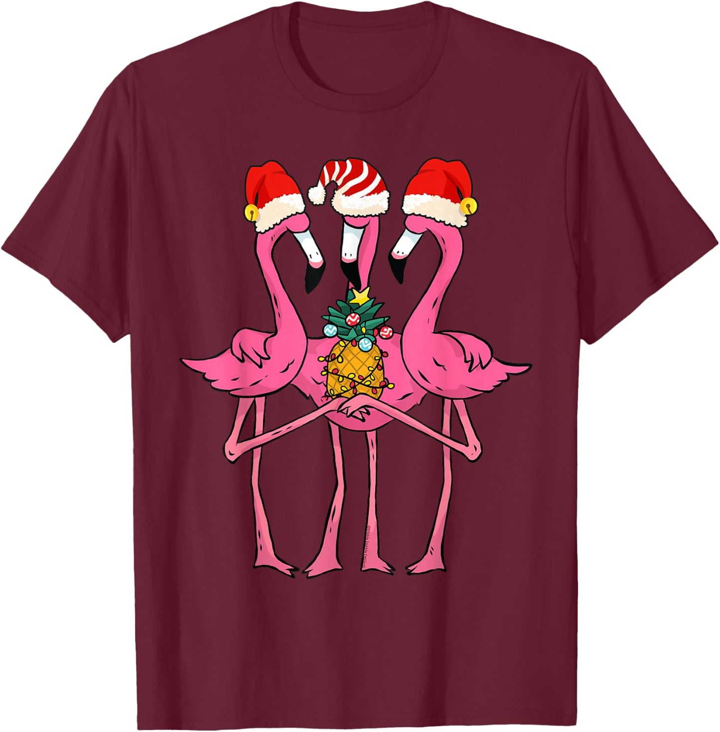 Cute Tropical Flamingos and Pineapple Christmas in July T-Shirt - T-Shirt | Maroon