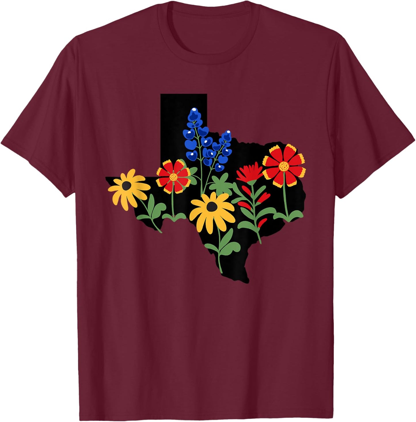 Texas Town & City Apparel Women's Texas Wildflowers Bluebonnets T-Shirt - T-Shirt | Maroon