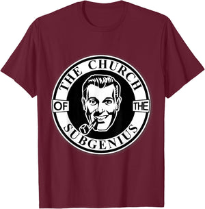 Apedes -Adults Black Classic Fit Short Sleeve Collarless - Church of the SubGenius - Religion Parody Prophet Church - Small T-Shirt - T-Shirt | Maroon