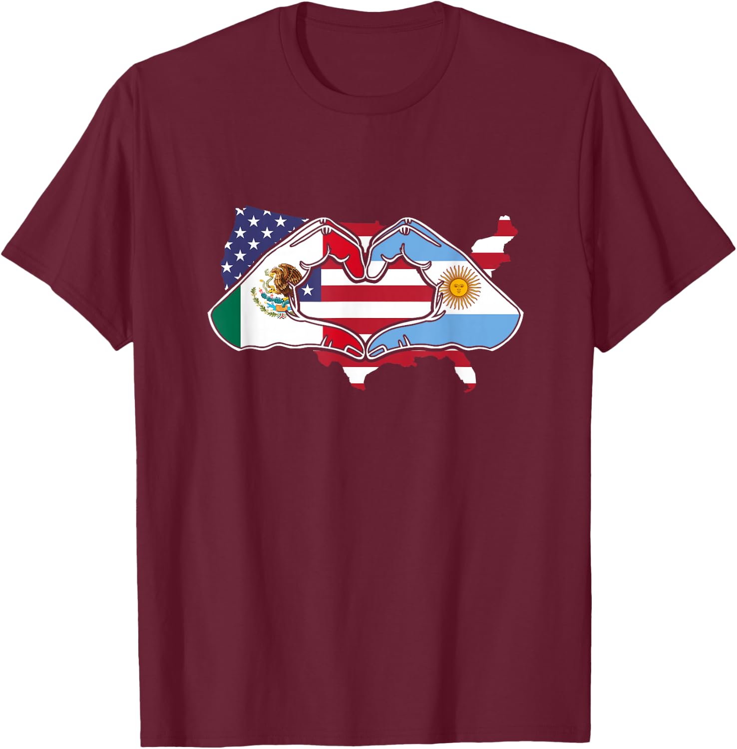 Heart hands Mexico and Argentina. USA flag T-Shirt - T-Shirt | Maroon