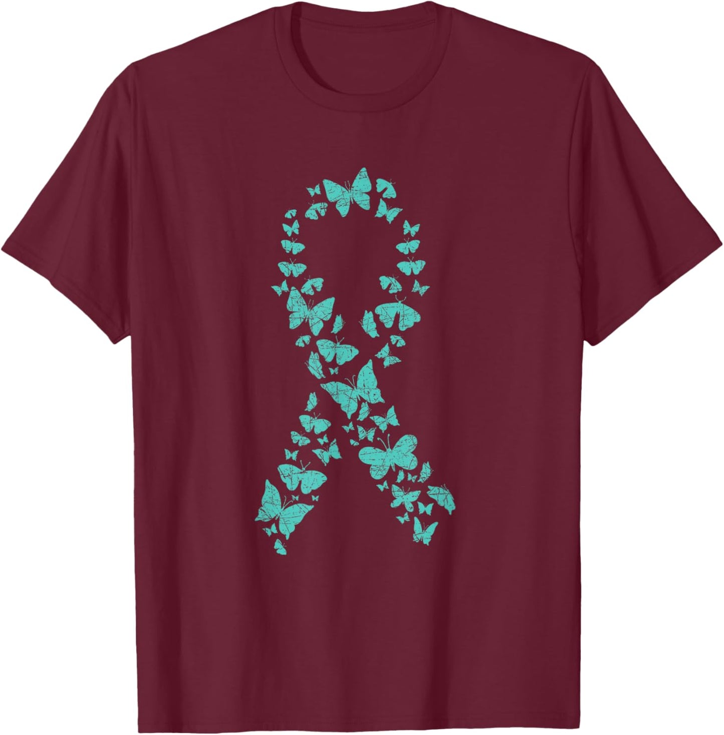 Teal Ribbon Butterflies Ovarian Cancer Awareness T-Shirt - T-Shirt | Maroon