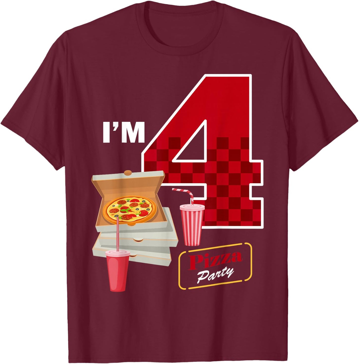 4th Birthday Pizza Theme 4 Year Old Funny B-Day Matching T-Shirt - T-Shirt | Maroon