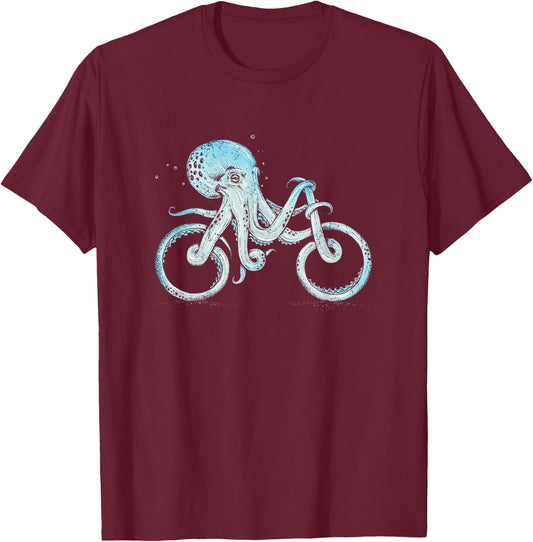 Octopus Riding A Bike Biker Biking Cycle Cycling T-Shirt - T-Shirt | Maroon