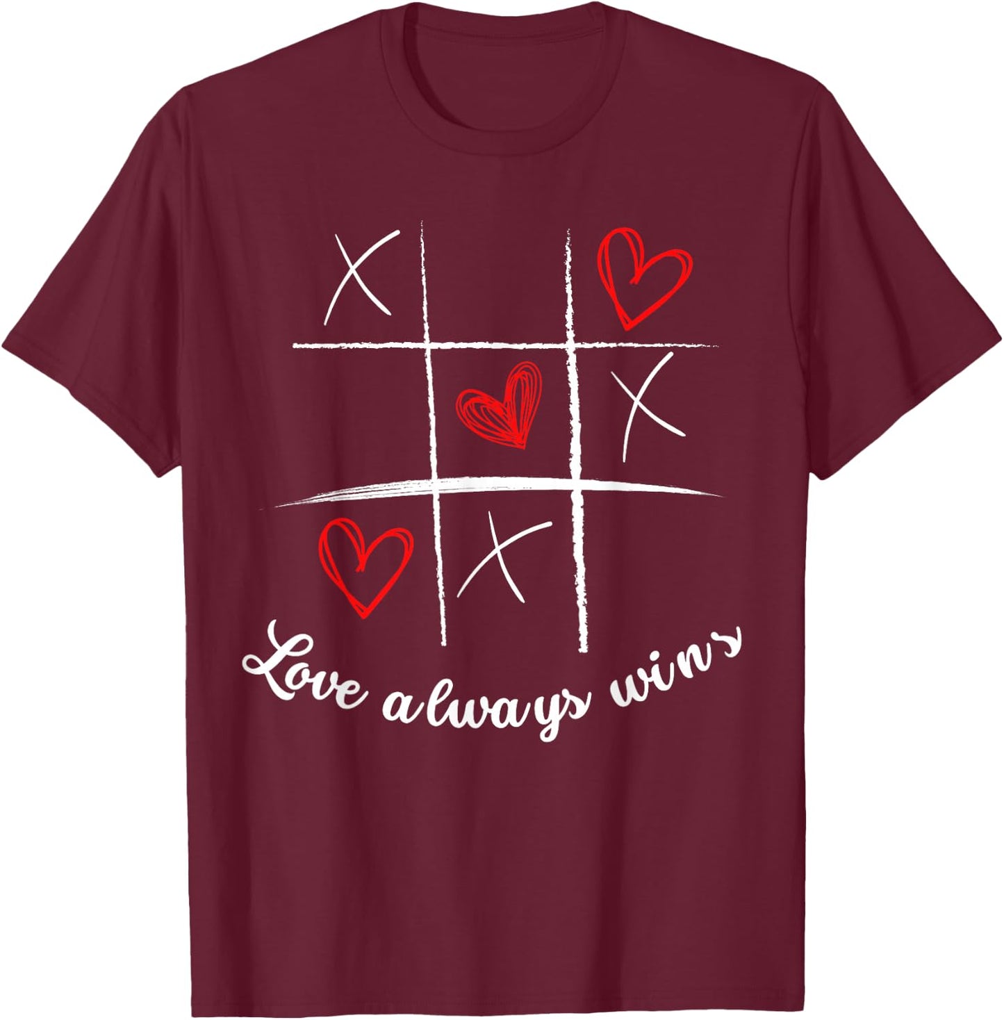 Classic Love Always Wins Valentine's Day Tic Tac Toe T-Shirt - T-Shirt | Maroon