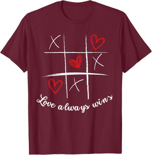 Classic Love Always Wins Valentine's Day Tic Tac Toe T-Shirt - T-Shirt | Maroon