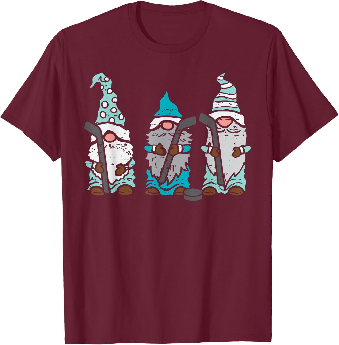 Three Nordic Gnomes Ice Hockey Tomte Nisse Player Goalie T-Shirt - T-Shirt | Maroon