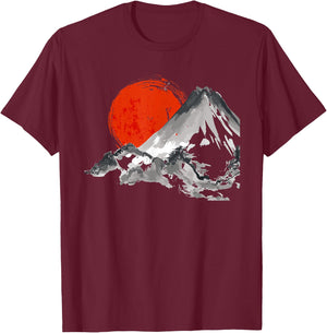 Japanese Rising Sun Over Mount Fuji Watercolor T Shirt T-Shirt - T-Shirt | Maroon