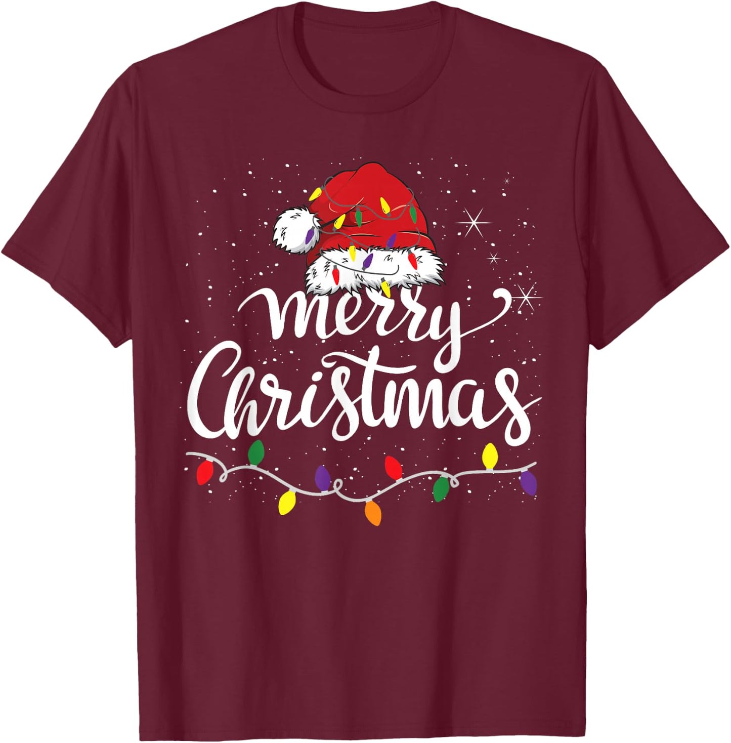 Merry Christmas Lights Red Santa Hat Xmas Family Men Women T-Shirt - T-Shirt | Maroon
