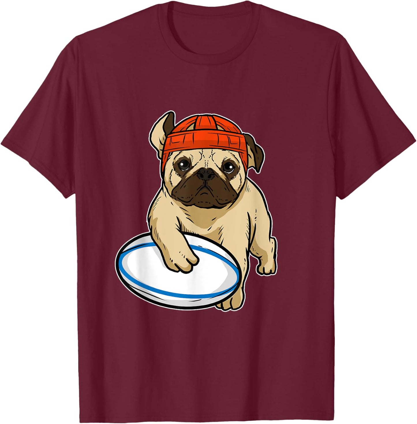 Cute Dog Pug Rugby Gift Rugby Lover T-Shirt - T-Shirt | Maroon
