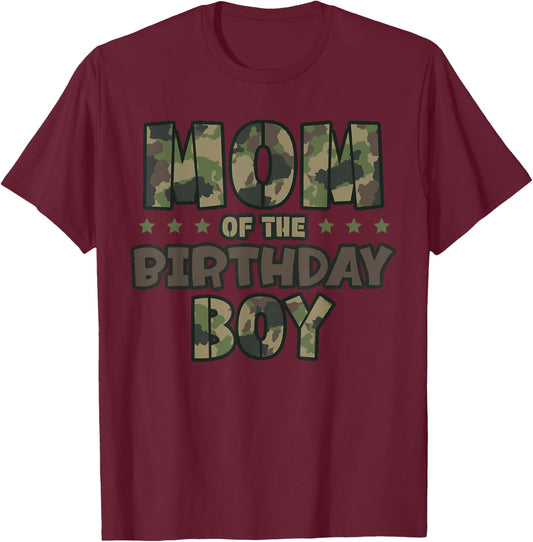 Mom of The Birthday Boy Camo Mother's Matching Family Party T-Shirt - T-Shirt | Maroon