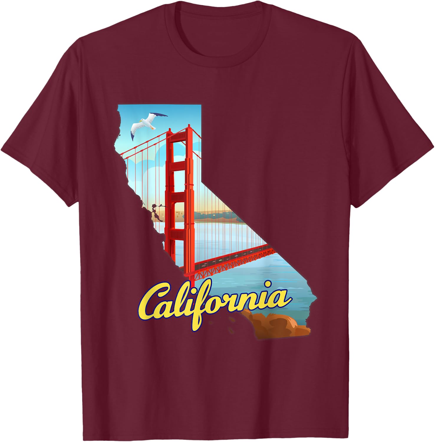 California map with Golden Gate Bridge, San Francisco, USA T-Shirt - T-Shirt | Maroon
