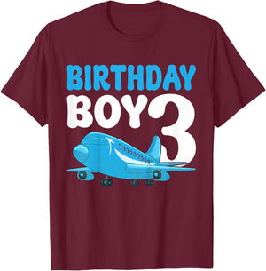 Kids Birthday Boy 3 Years Old Airplane Pilot Kids 3rd Birthday T-Shirt - T-Shirt | Maroon