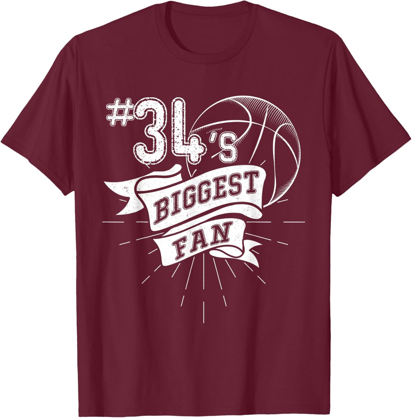 Number 34's Biggest Fan Shirt Basketball Dad Basketball Mom T-Shirt - T-Shirt | Maroon