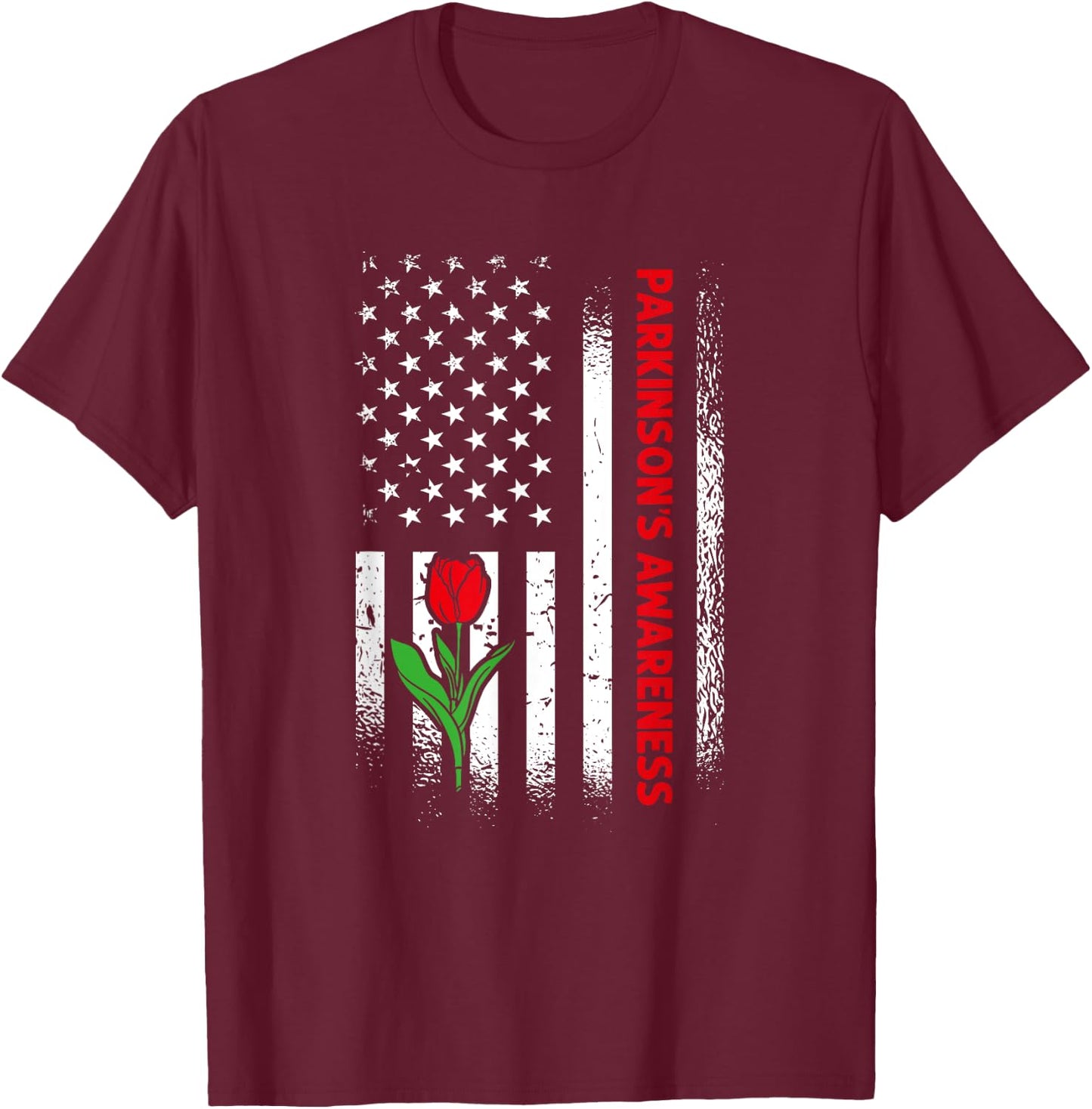 US Flag Red Tulip Parkinson's Awareness T-Shirt - T-Shirt | Maroon