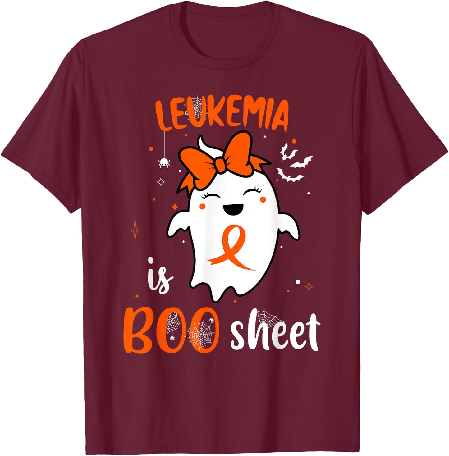 Leukemia is Boo Sheet Halloween Cute Ghost Orange Ribbon T-Shirt - T-Shirt | Maroon