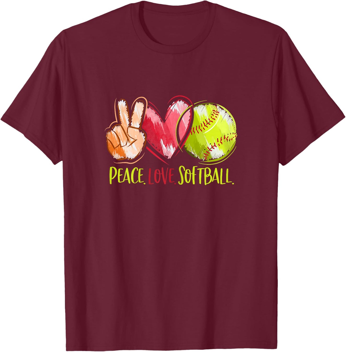 Softball Player Girls Peace Love Softball T-Shirt - T-Shirt | Maroon