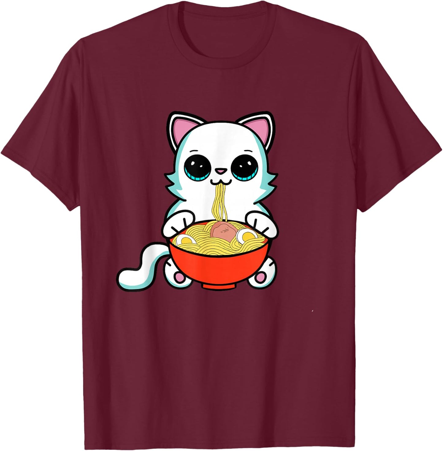 Ramen Cat Kawaii Anime Neko Cat Eating Japanese Noodles T-Shirt - T-Shirt | Maroon