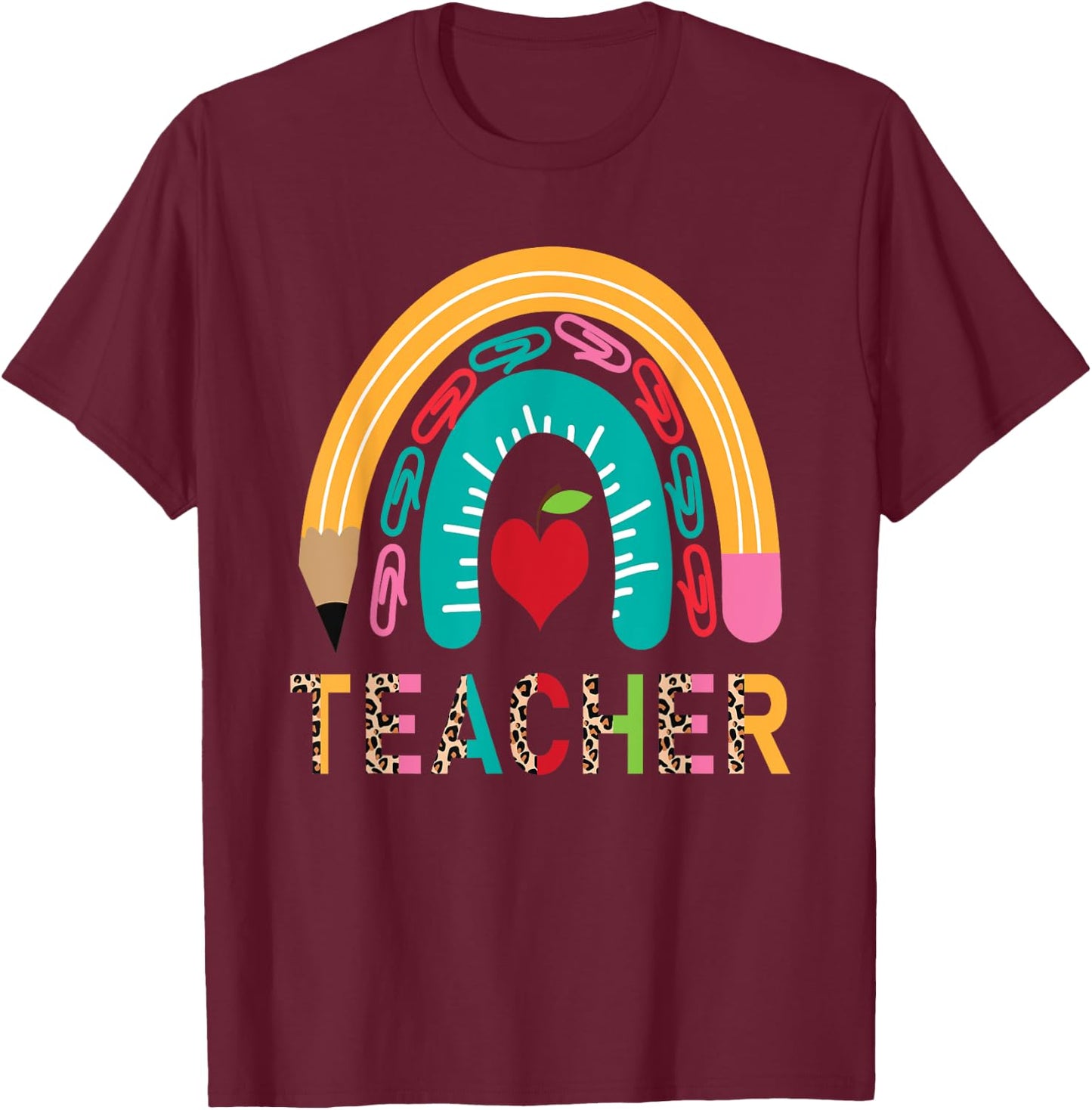 Pencil Rainbow Leopard Teacher Back To School T-Shirt - T-Shirt | Maroon