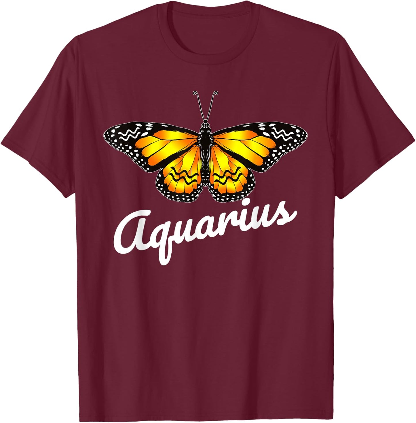 Aquarius Butterfly Wings with Aquarius Zodiac Sign T-Shirt - T-Shirt | Maroon