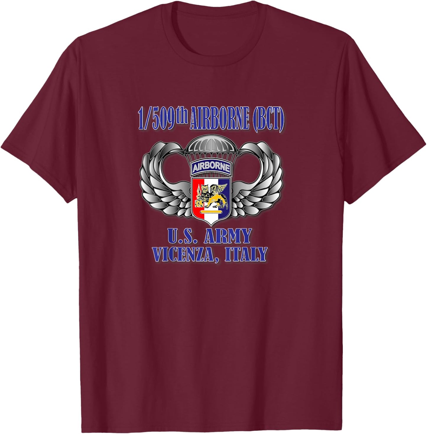 Relaxed Lifestyle Products 1/509th Airborne (BCT) (Back Design) -Adults Black Short Sleeve T-Shirt - T-Shirt | Maroon