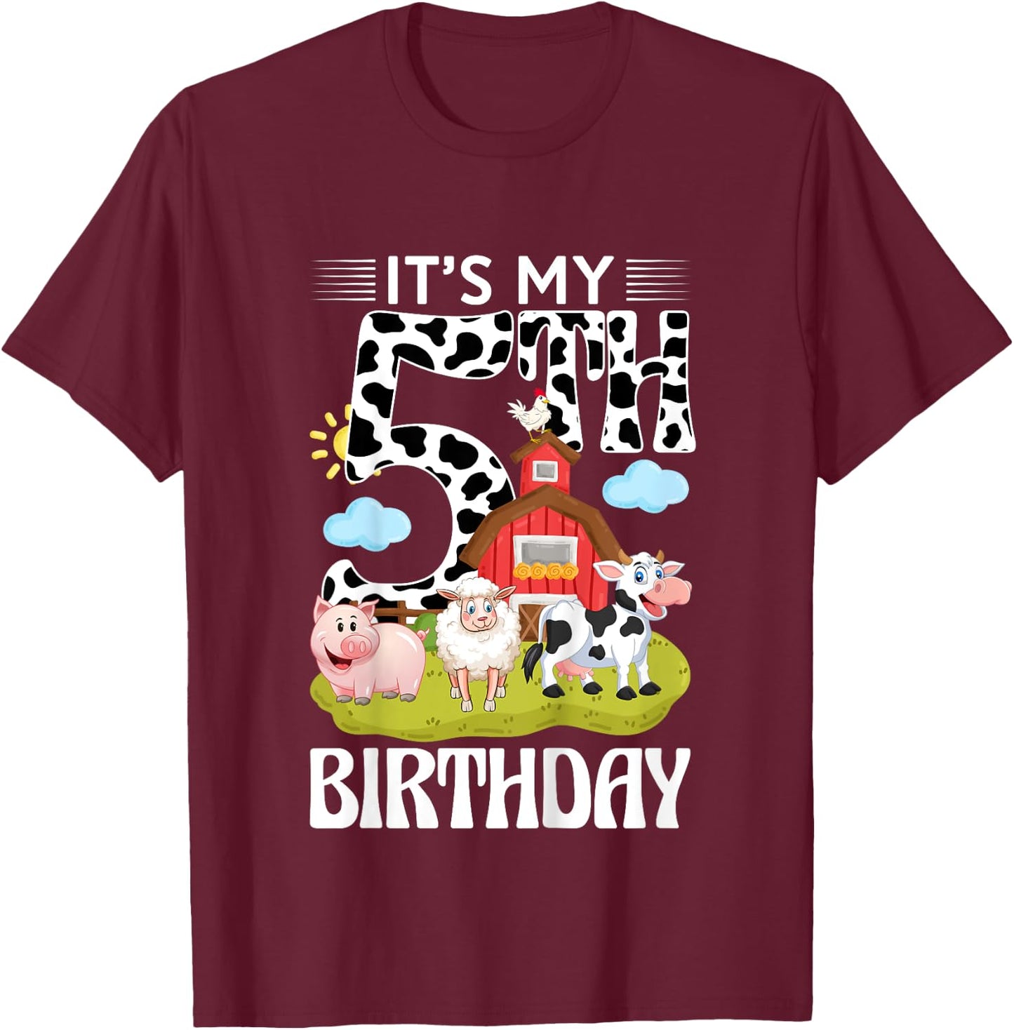 Cute It's My 5th Birthday 5 Years Old Farm Theme 5th B-day T-Shirt - T-Shirt | Maroon