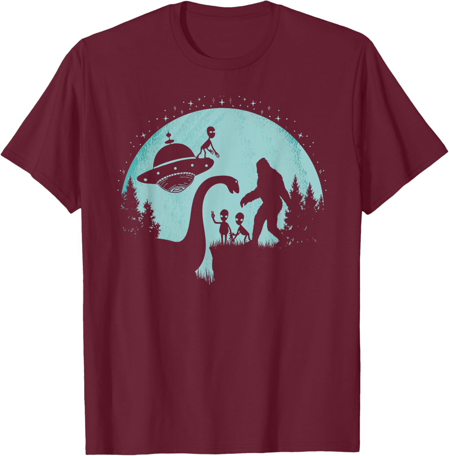 Bigfoot Loch Ness Monster Nessie Sasquatch UFOs Funny Aliens T-Shirt - T-Shirt | Maroon
