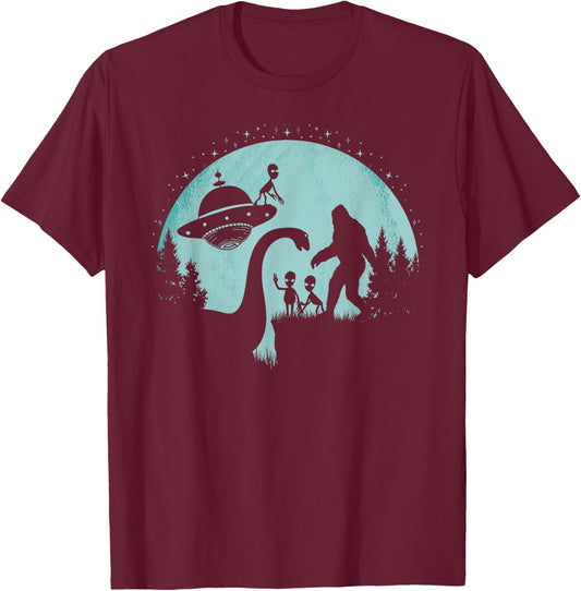 Bigfoot Loch Ness Monster Nessie Sasquatch UFOs Funny Aliens T-Shirt - T-Shirt | Maroon
