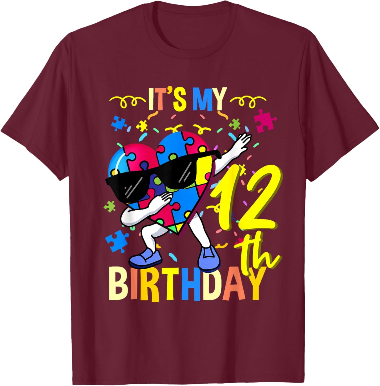 Its My 12th Birthday Dabbing Autism Puzzle T-Shirt - T-Shirt | Maroon