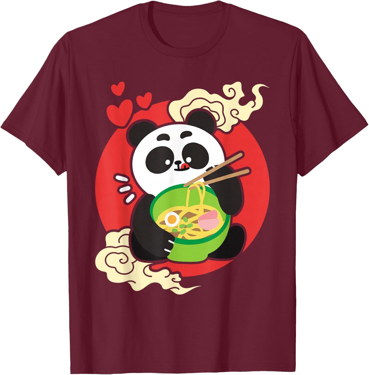 Kawaii Cute Eating Panda Japanese Ramen Noodles T-Shirt - T-Shirt | Maroon