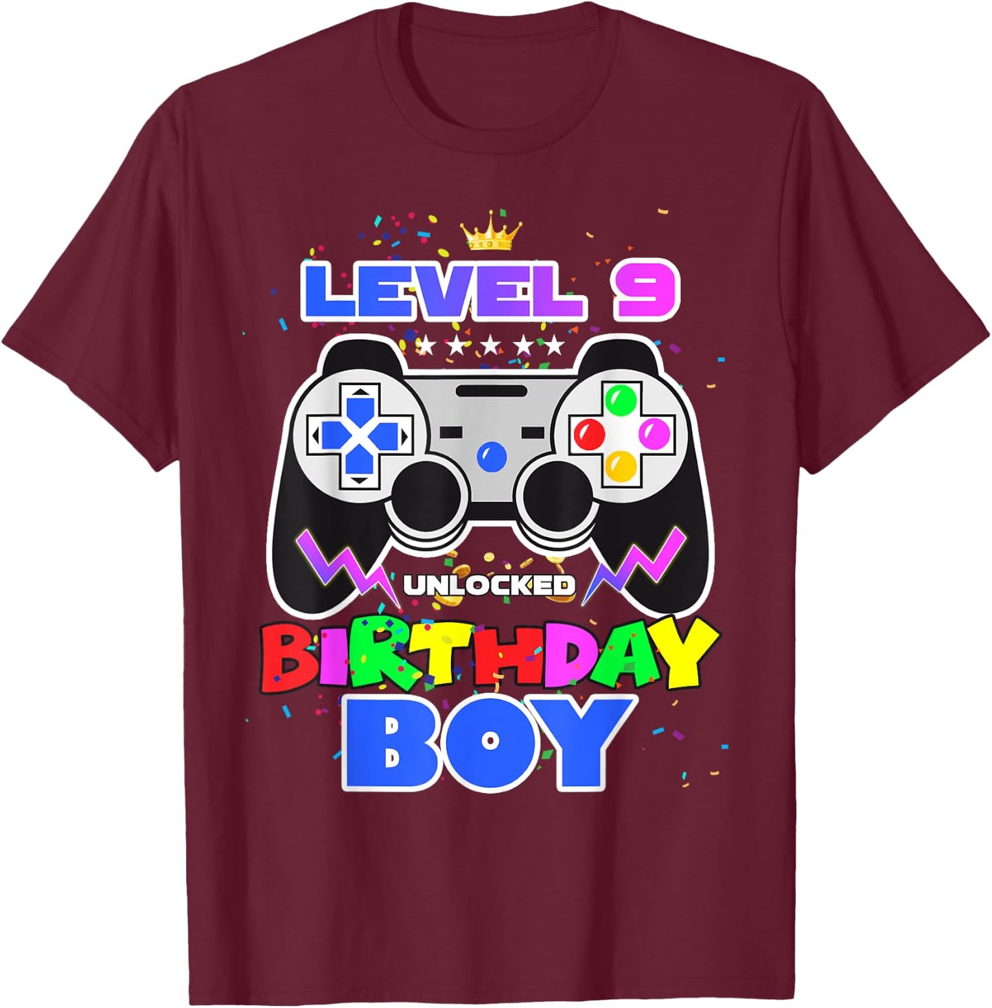 Level 9 Unlocked 9th Birthday Gamer Birthday Boy Video Game T-Shirt - T-Shirt | Maroon