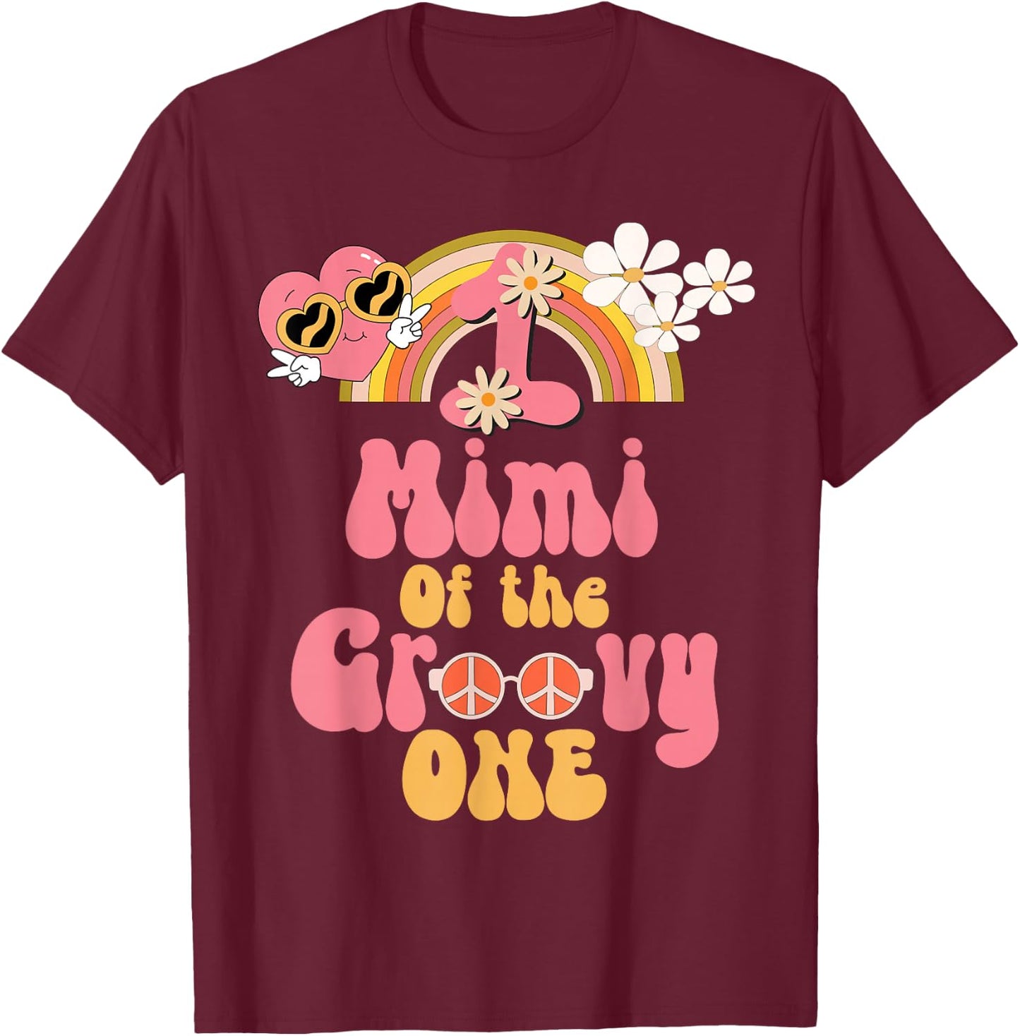 Mimi of the Groovy one peace sign retro birthday matching T-Shirt - T-Shirt | Maroon