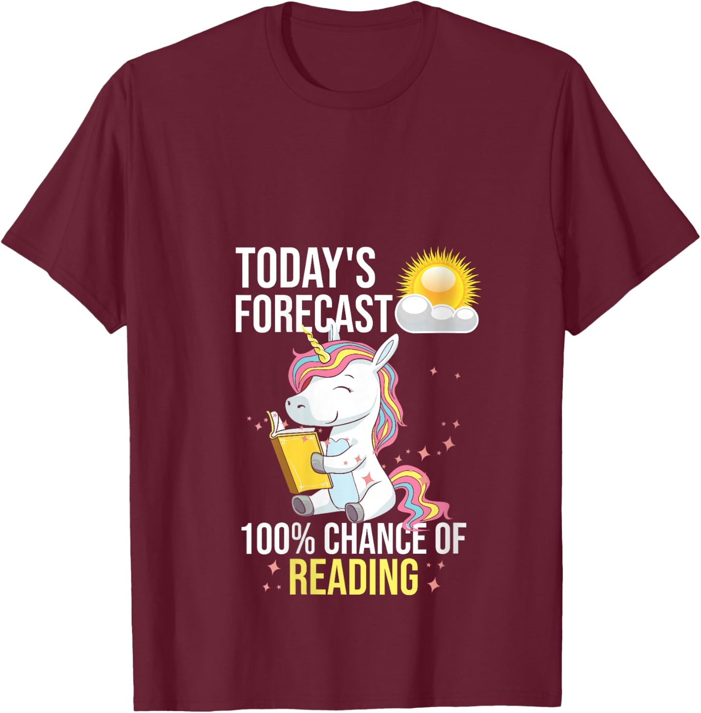 Women's 100% Chance of Reading Funny Book Lover Unicorn V-Neck T-Shirt - T-Shirt | Maroon