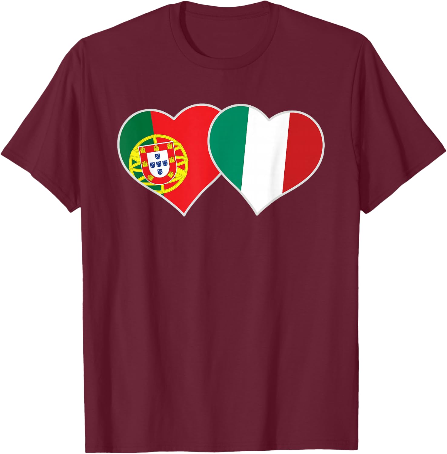 Portuguese Italian Flag Hearts Love Portugal Italy T-Shirt - T-Shirt | Maroon