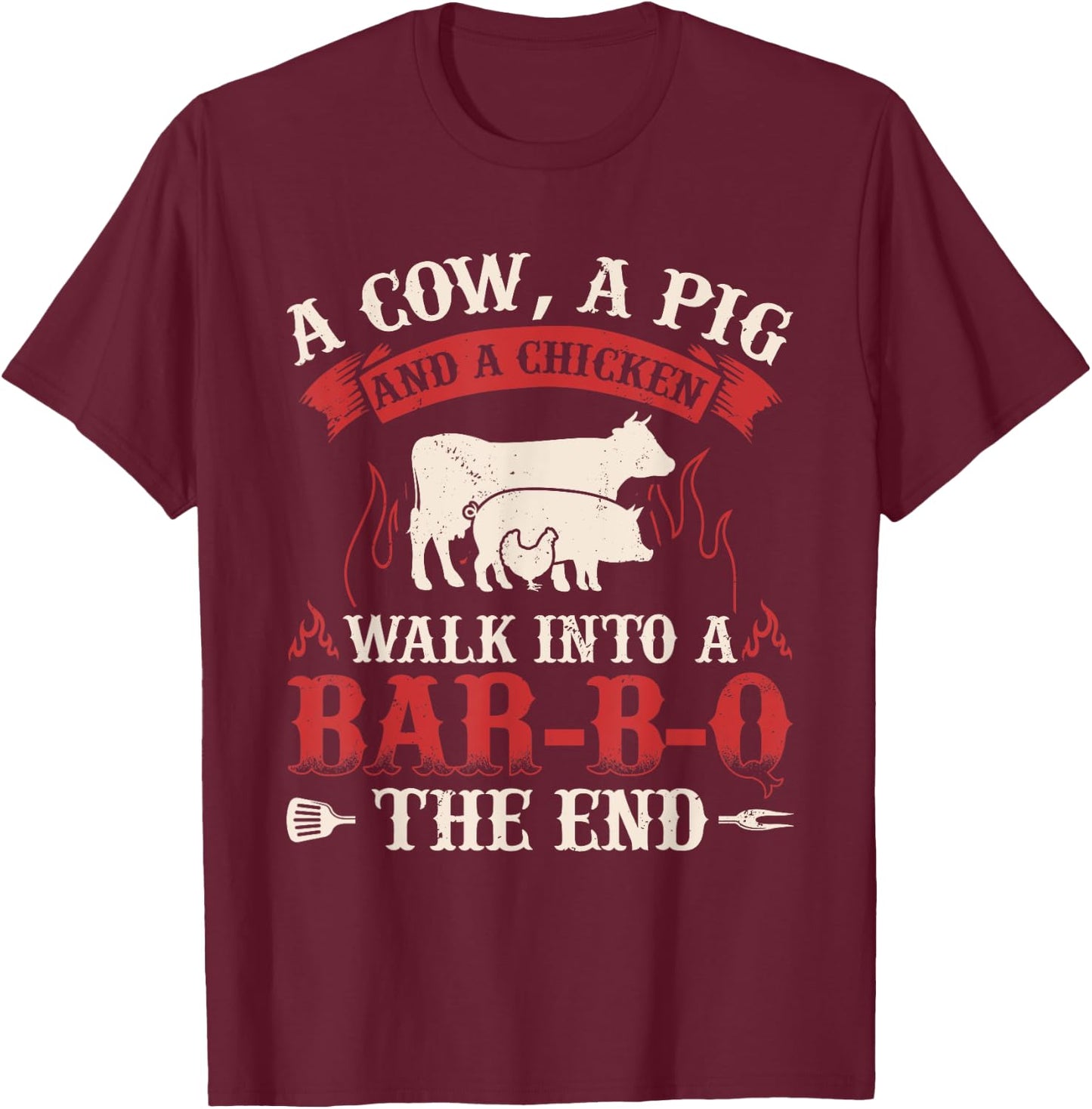 Funny Barbecue Cow Pig Chicken Graphic Meat Smoking BBQ T-Shirt - T-Shirt | Maroon