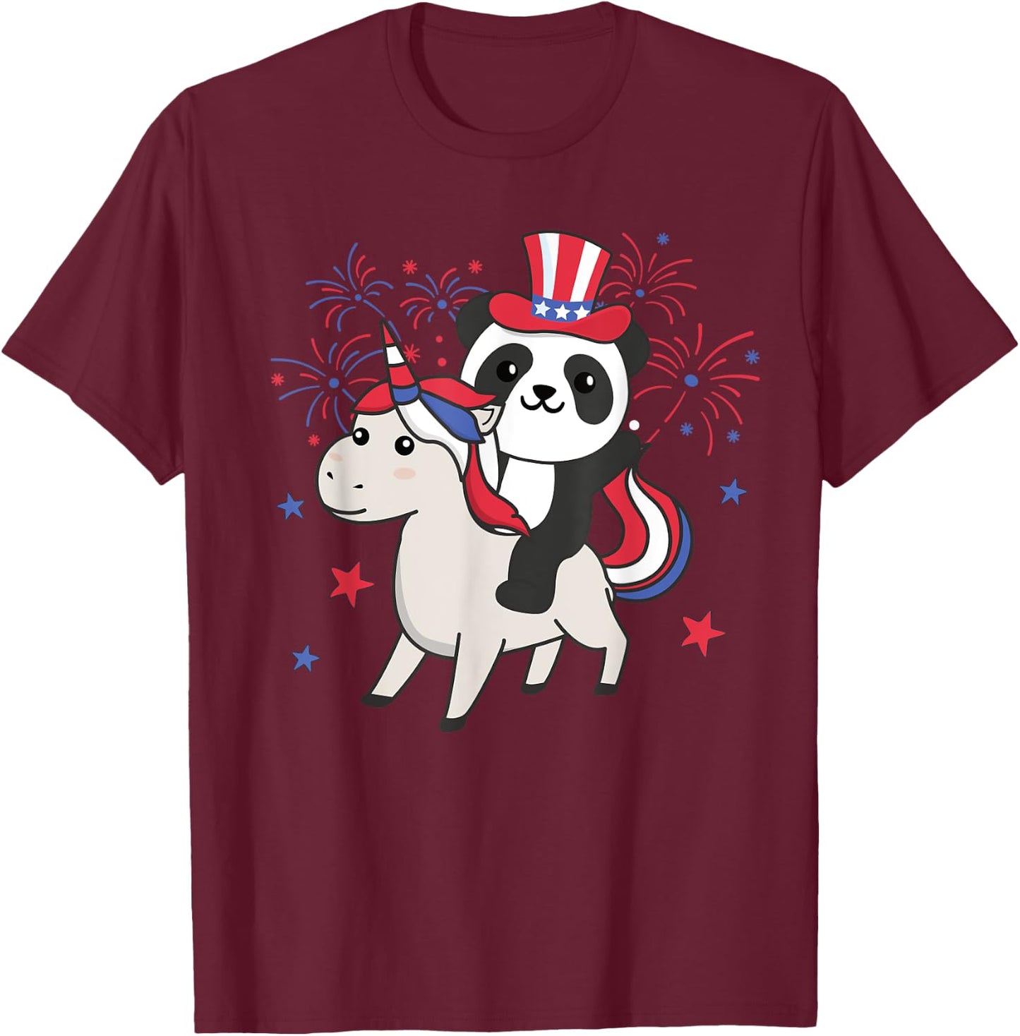 Panda With Unicorn For The Fourth Of July Fireworks For Kids T-Shirt - T-Shirt | Maroon