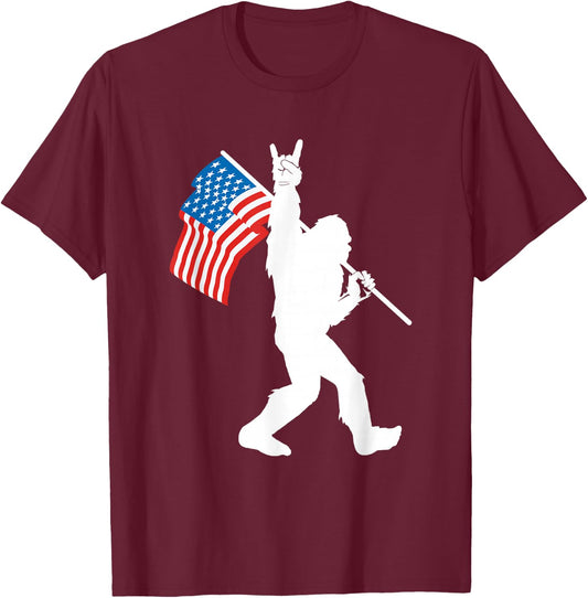 Funny Bigfoot Rock and Roll USA Flag for Sasquatch Believers Small T-Shirt - T-Shirt | Maroon
