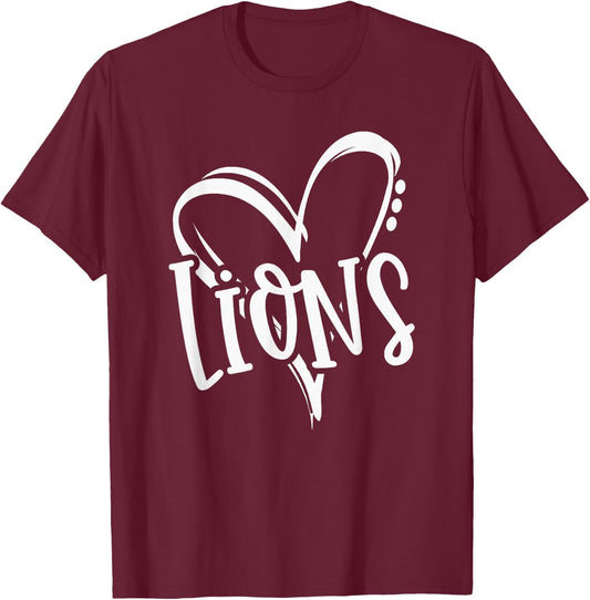 Lions School Sports Fan Team Spirit Heart T-Shirt - T-Shirt | Maroon