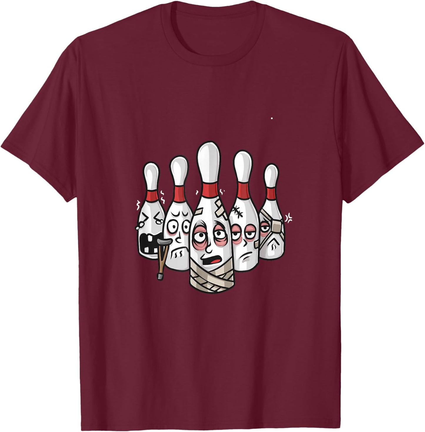 Funny Bowling Pins with Crutches and Bandages Bowling T-Shirt - T-Shirt | Maroon