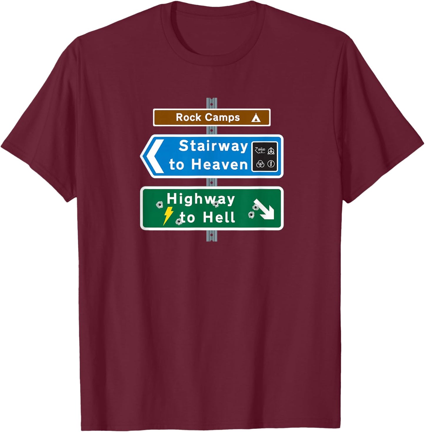 Road Sign Rock Camps: Highway to Hell / Stairway to Heaven T-Shirt - T-Shirt | Maroon