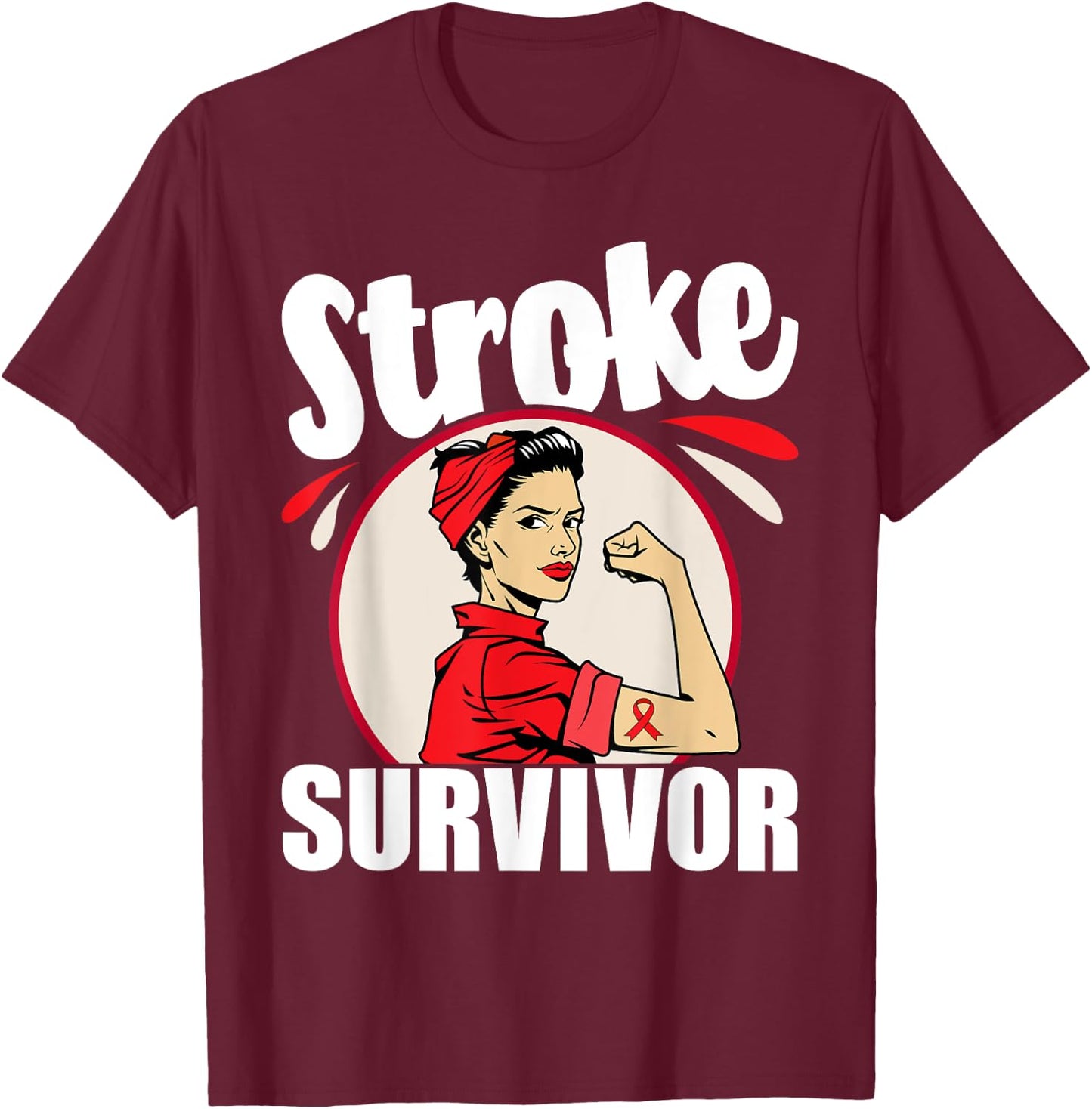 Stroke Survivor - Stroke Awareness Red Ribbon Brain Attack T-Shirt - T-Shirt | Maroon