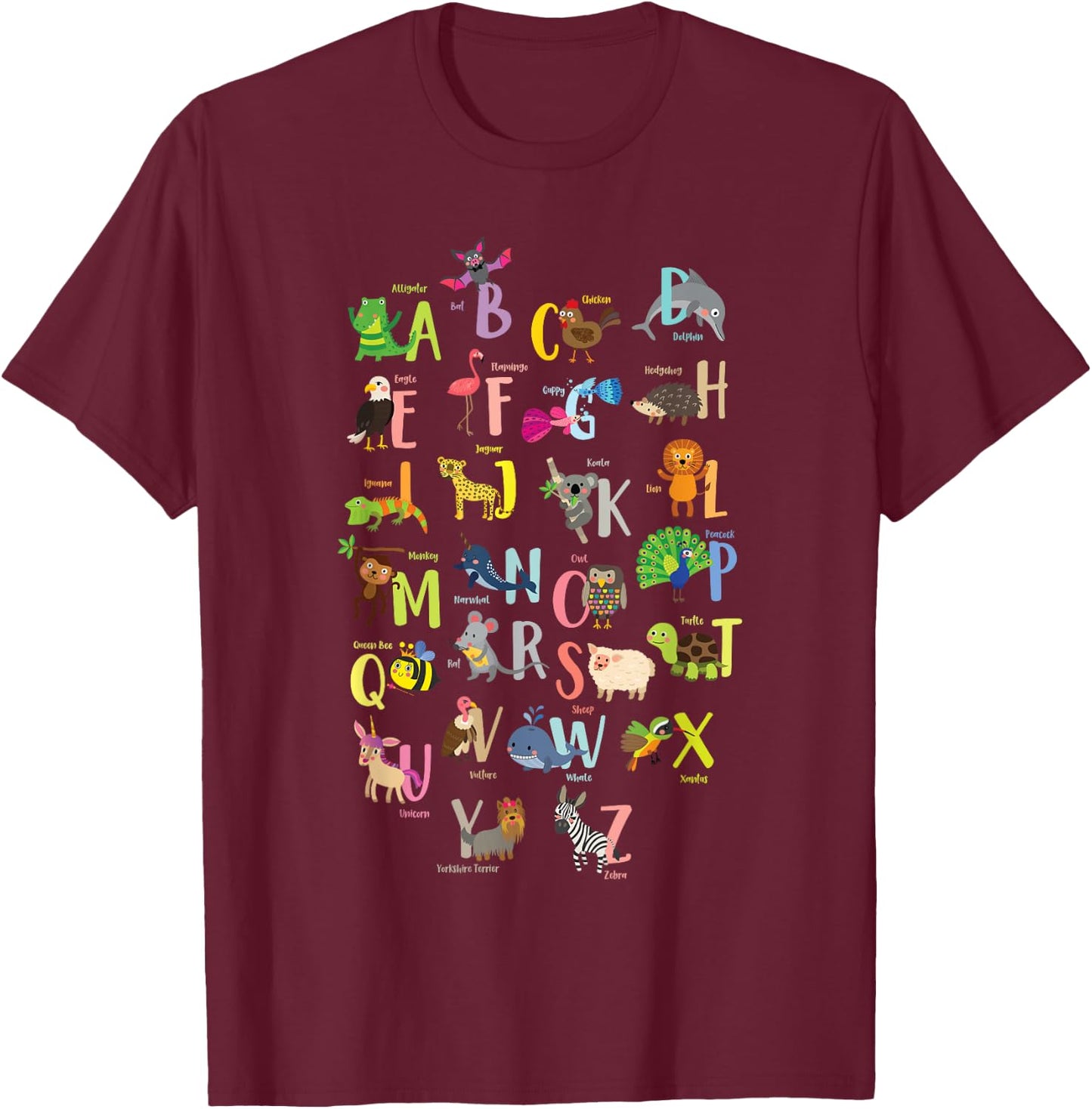 Alphabet Animals Cute ABCs Learning Study Learn Letters T-Shirt - T-Shirt | Maroon