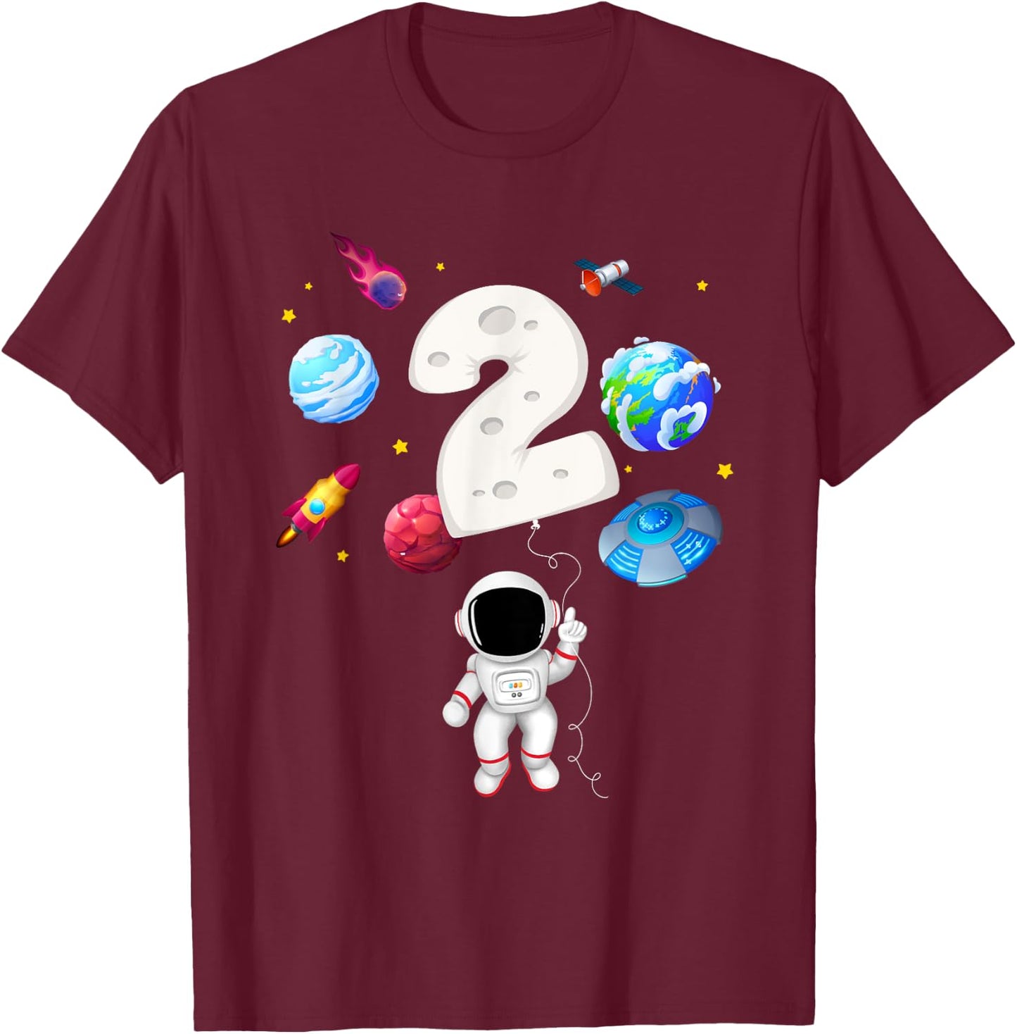 2nd Astronaut Birthday Party 2 Years Old Astronomy Costume T-Shirt - T-Shirt | Maroon