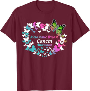 Butterfly Metastatic Breast Cancer Green Teal Pink Ribbon T-Shirt - T-Shirt | Maroon