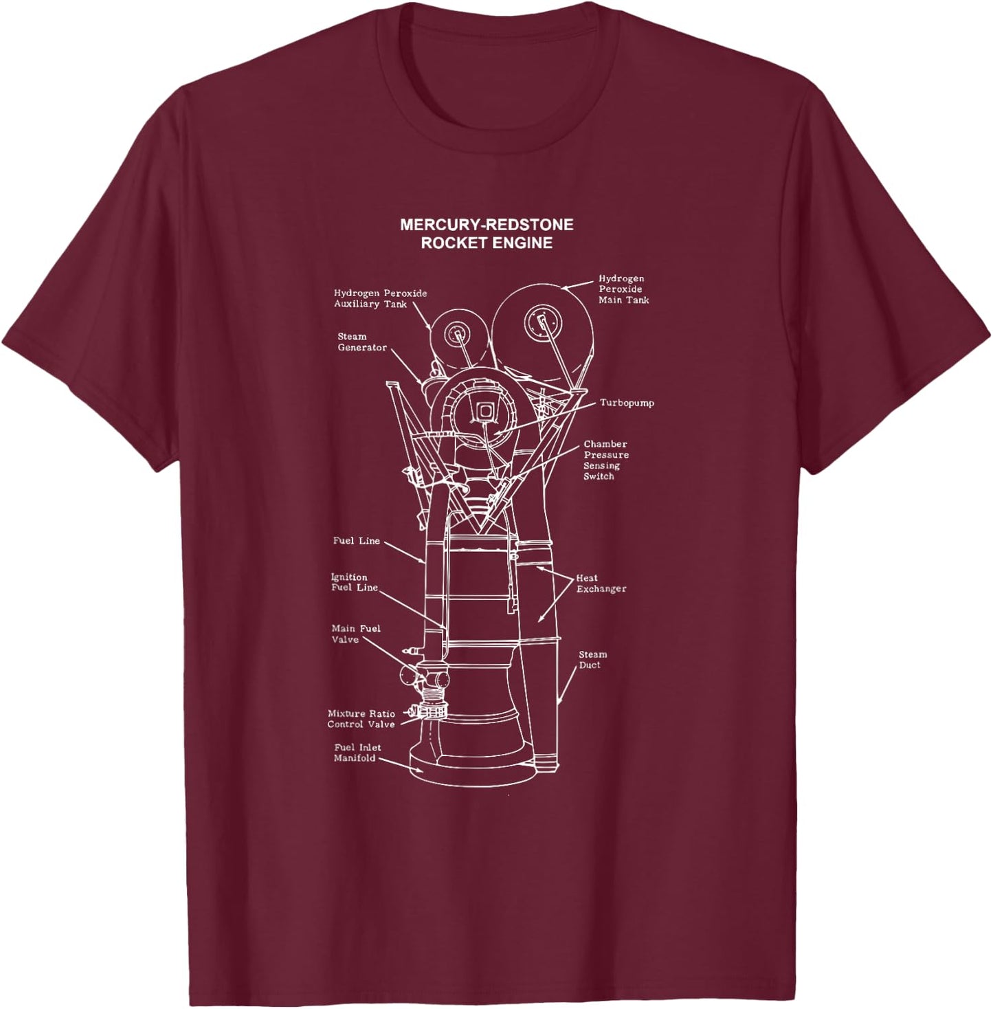Mercury Redstone Rocket Engine Blueprint Technical Drawing T-Shirt - T-Shirt | Maroon