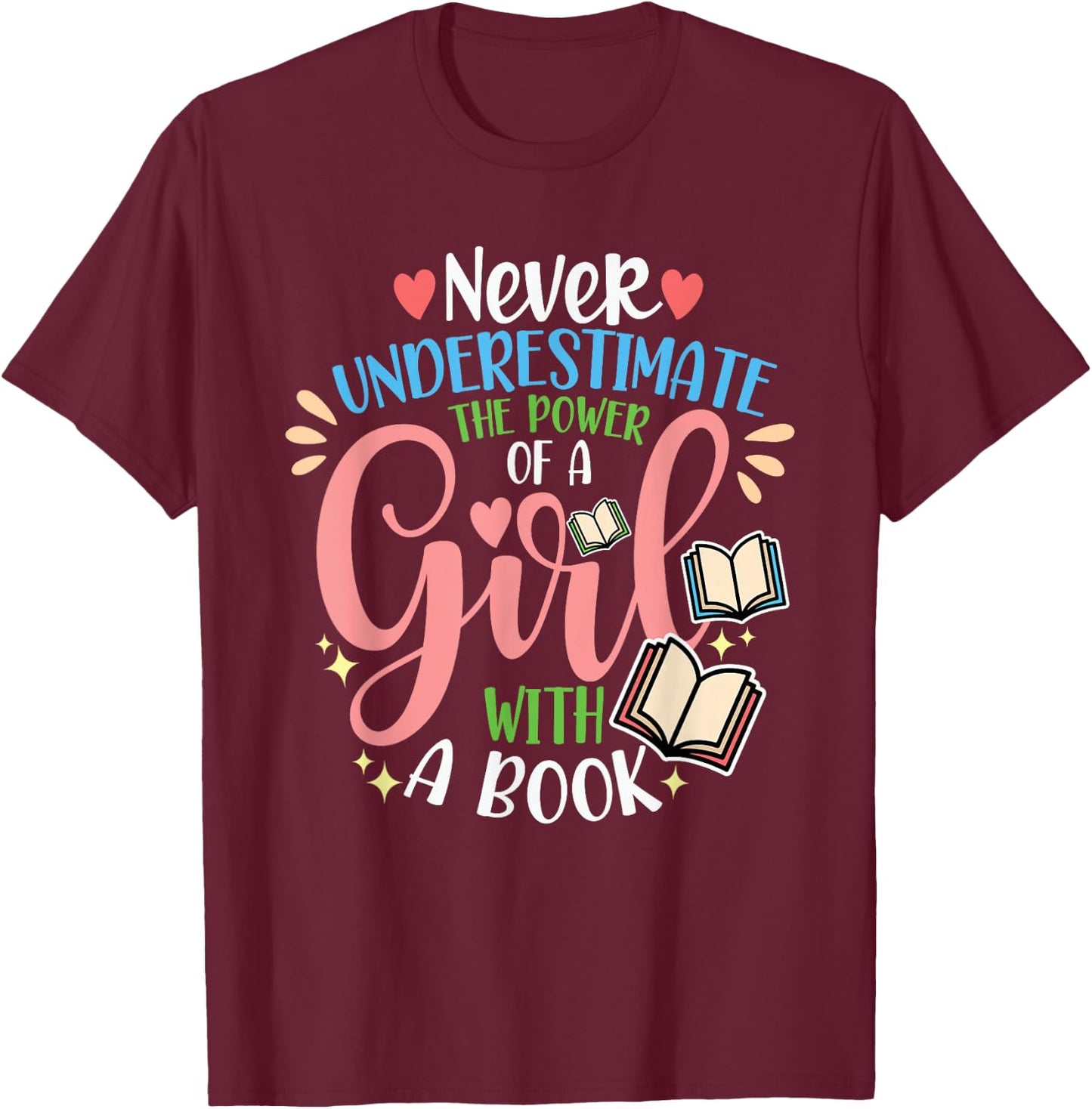 Book Reader Reading Literature Bookworm Gift Never Underestimate The Power Of A Girl With A Book Women's Black Short Sleeve Cotton 60% Polyester 40% Classic Fit Small T-Shirt - T-Shirt | Maroon