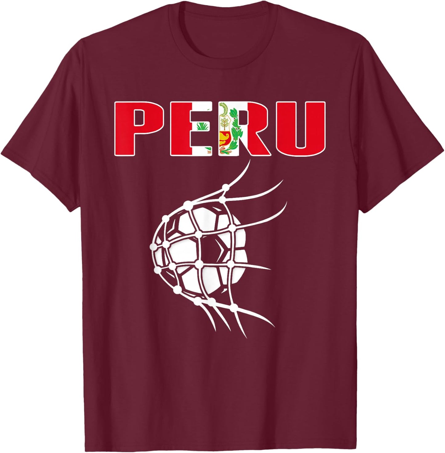 Peru Soccer Fans Jersey - Peruvian Flag Football Ball in Net T-Shirt - T-Shirt | Maroon