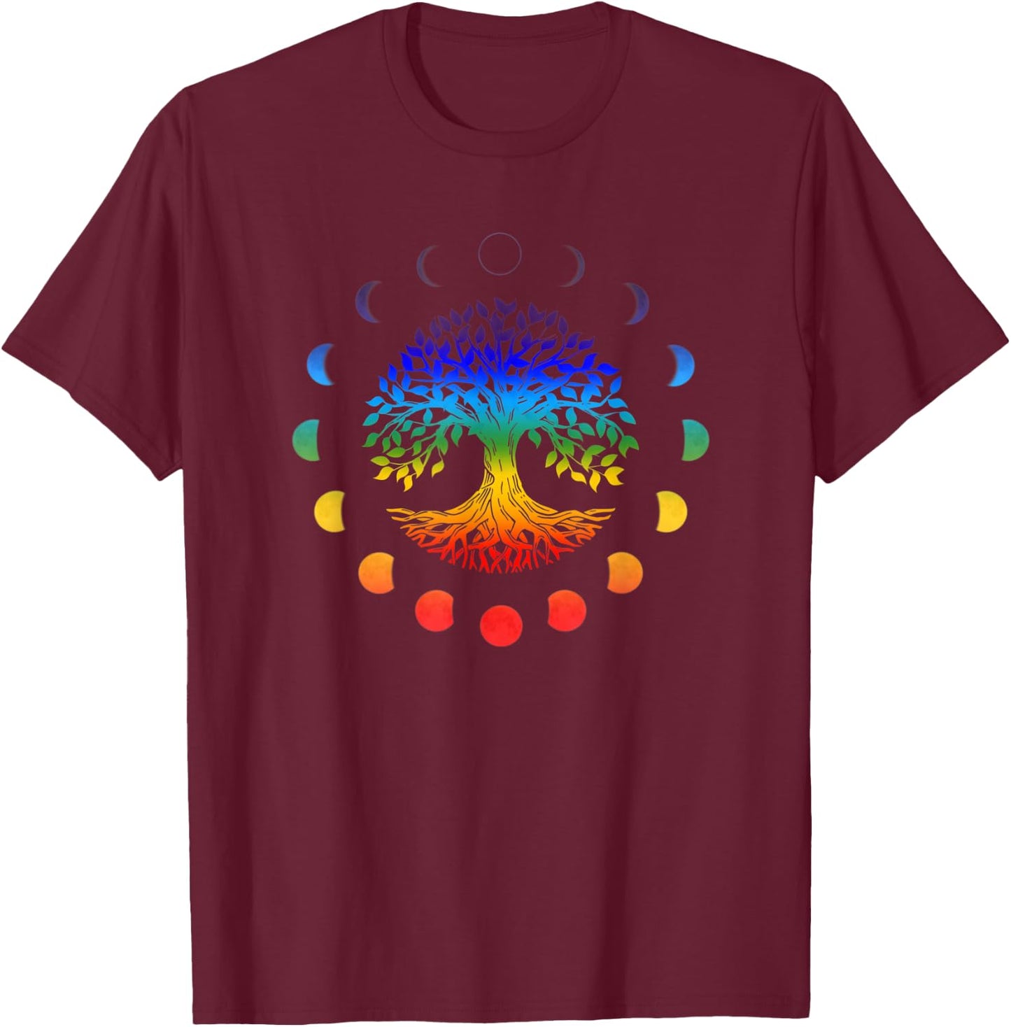 Tree of Life Moon Phases Chakra Colors Yoga Spirituality T-Shirt - T-Shirt | Maroon
