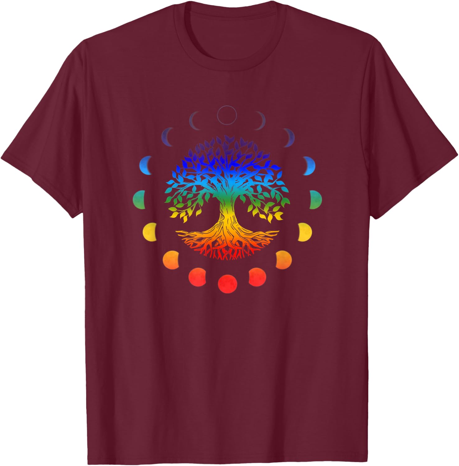 Tree of Life Moon Phases Chakra Colors Yoga Spirituality T-Shirt - T-Shirt | Maroon