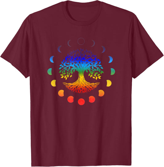 Tree of Life Moon Phases Chakra Colors Yoga Spirituality T-Shirt - T-Shirt | Maroon